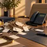مكتب مبيعات خالٍ من الأشخاص عليه بطاقات استفسارات متشابكة وهاتف وتقويم متابعة