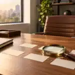 مكتب مدير مبيعات خالٍ من الأشخاص يضم لوحة فرص وتقويمًا وعدسة لفحص صفقة متعثرة