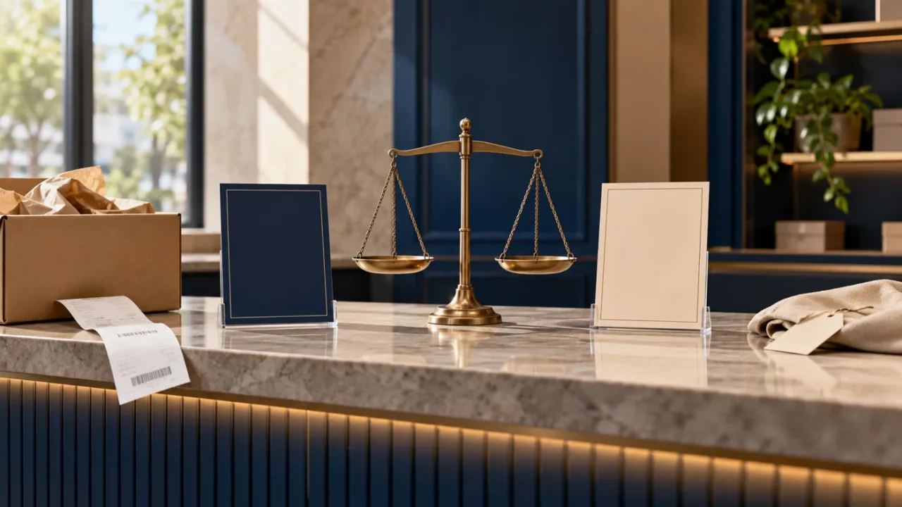 ميزان على مكتب خدمة عملاء خالٍ من الأشخاص بجوار إيصال وعلبة منتج