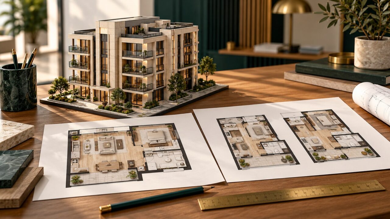 نموذج مبنى سكني ومخططات لشقة كبيرة وشقتين أصغر على مكتب معماري